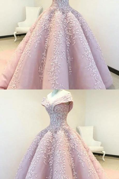 Off the Shoulder Ball Gown Pink Long Prom Dress with Appliques 