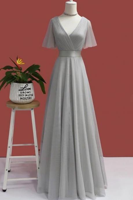 Gray V Neck Chiffon Long Prom Dress Simple Evening Dress