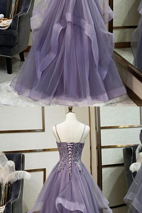 Purple V Neck Tulle Lace Long Prom Dress, Evening Dress