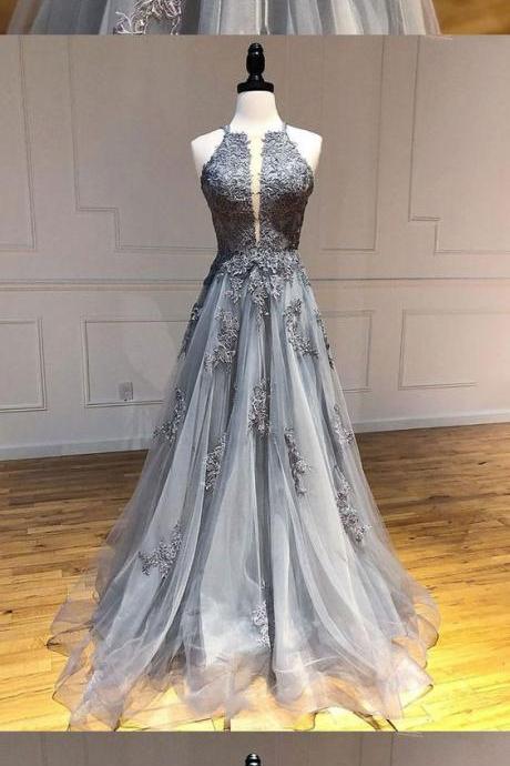 Gray Tulle Lace Long A Line Prom Dress, Evening Dress
