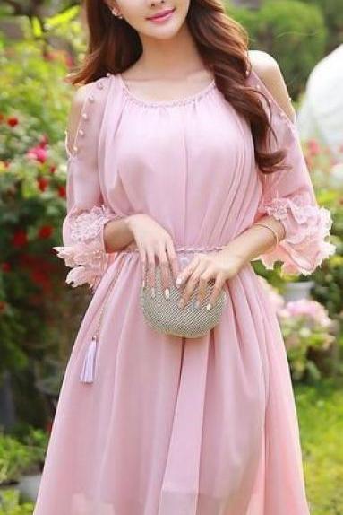 Pink Prom Dress,middle Sleeve Prom Dress,fashion Homecoming Dress