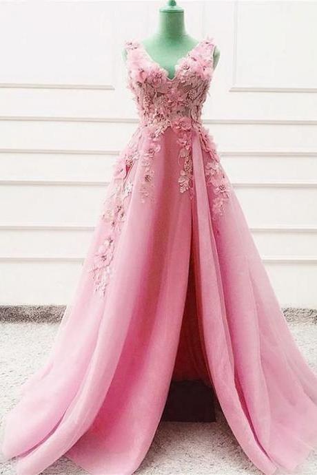Tulle Long Split Prom Dresses Lace Flowers Embroidery