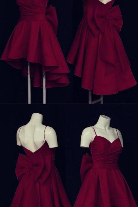 Short Burgundy Prom Dresses High Low Hem Party Gowns With Bow Back