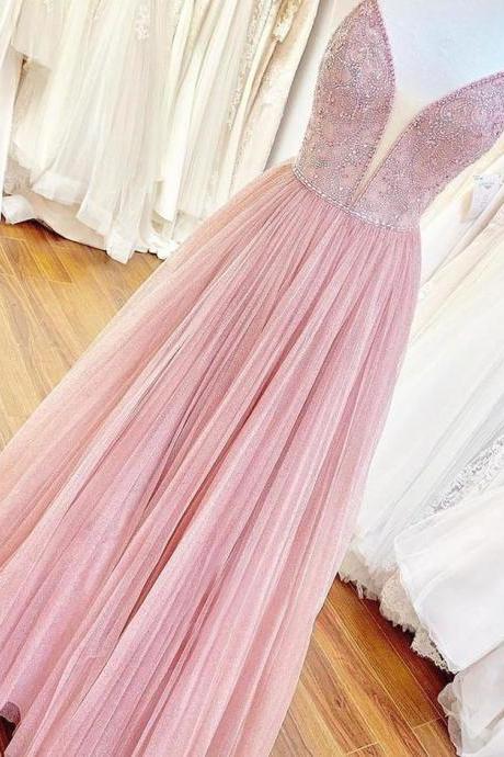 Pink Tulle Beads Long Prom Dress Pink Evening Dress
