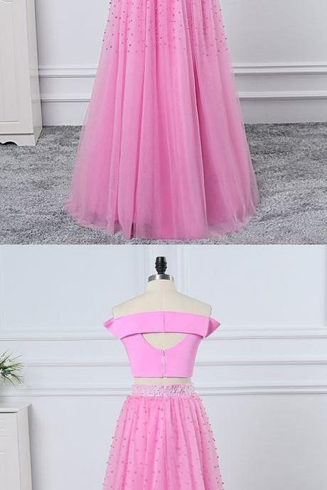 Pink Satin Tulle Two Pieces Strapless Long Beaded Prom Dress, Homecoming Dress 