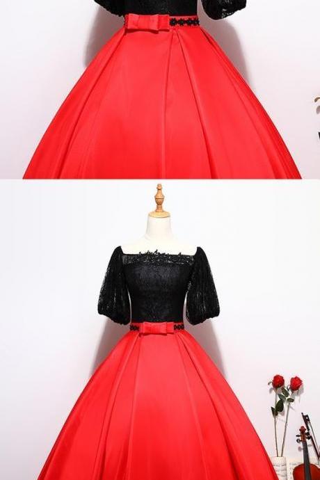 Black Lace Prom Dress, Off Shoulder Prom Dress, Red Satin Prom Dress, Long Evening Dress With Sleeves