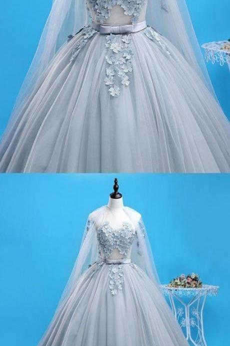 Grey Tulle Tulle Lace Long Formal Prom Dress With Lace Applique ML