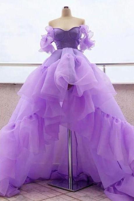 Sexy Lavender Tulle High Low Prom Dresses Custom Made A Line Prom Party Gowns For Teens ,custom Made Prom Gowns