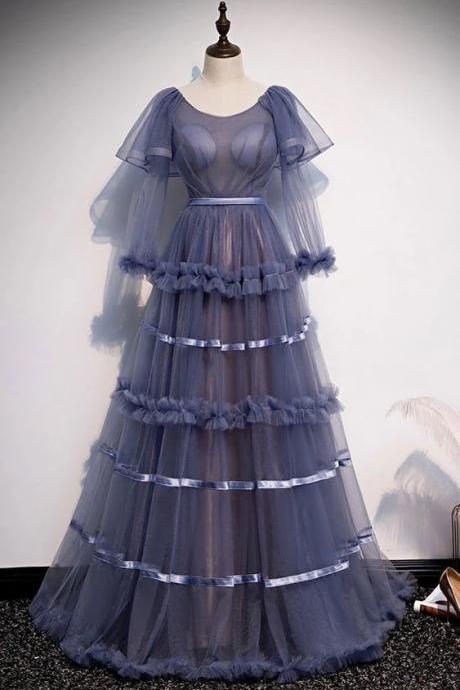 Blue Tulle Long Sleeve Round Neck Long Formal Prom Dress