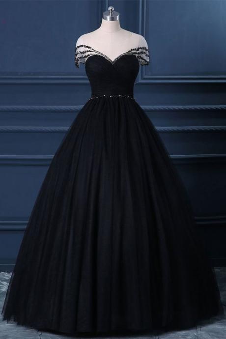 Black Tulle Cap Sleeve Black Tulle Crystal Long Formal Prom Dress, Party Dress