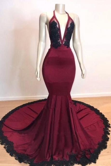 Prom Dress Classy, Sexy Mermaid V Neck Backless Burgundy And Black Long Prom Dress