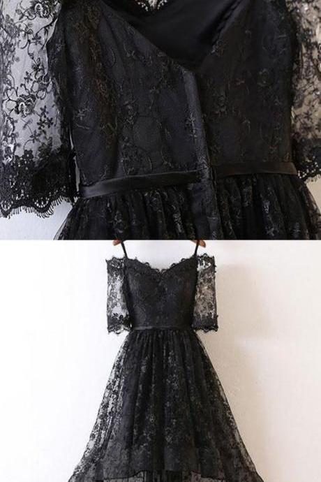 Cold Shoulder Black Lace High Low Prom Dress With Half Length Sleeves