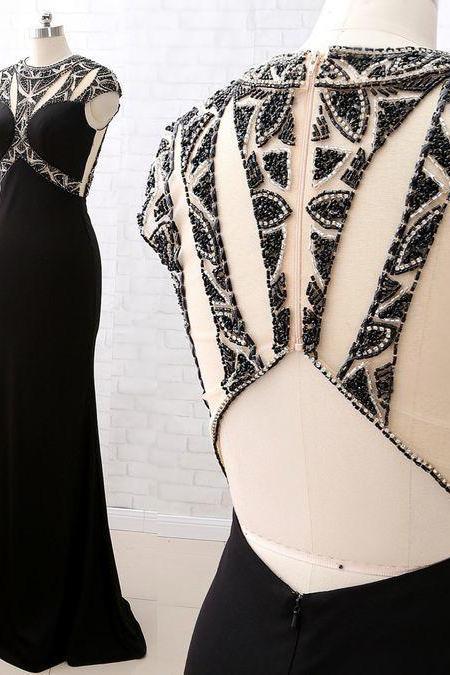 Cap Sleeves Beaded Sheath Black Prom Dress Luxury Formal Evening Gown