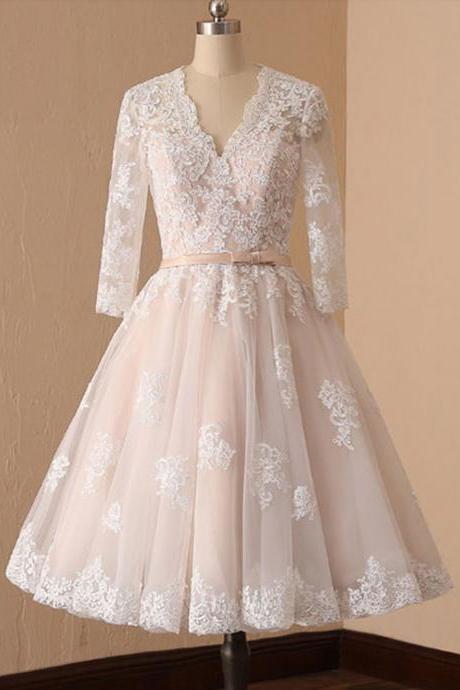 Creamy Tulle Lace Short Prom Dress, Bridesmaid Dress With Sleeves