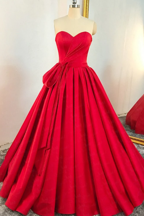 Red Sweetheart Sleeveless Long Prom Dresses A Line Satin Ball Gown