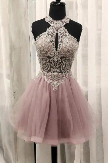 PINK TULLE LACE SHORT PROM DRESS PINK HOMECOMING DRESS