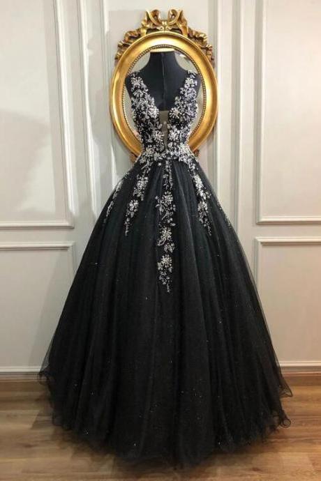 Black V Neck Tulle Long Prom Dress, Black Tulle Evening Dress