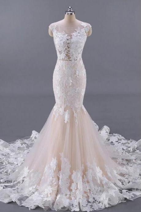 Unique Champagne Tulle Lace Long Prom Dress, Unique Evening Dress