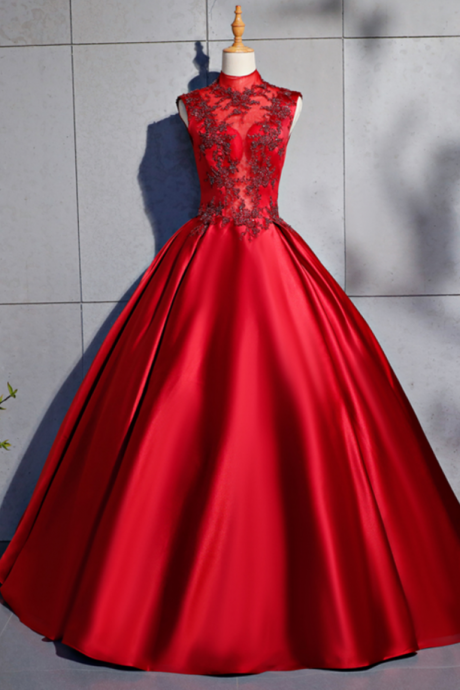 Red Satin High Neck Beaded Formal Prom Dress, Halter Evening Dress