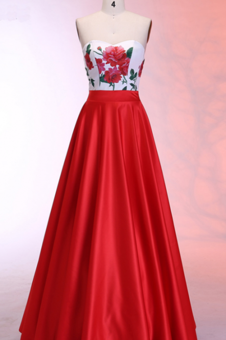Red Satin Strapless Long A Line Floral Evening Dress, Prom Dress