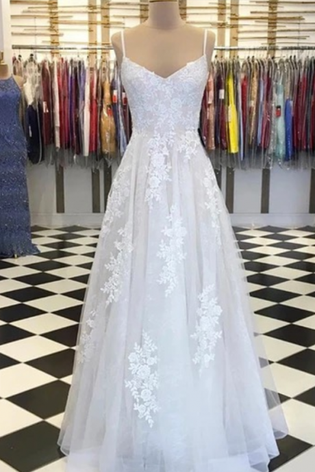 Creamy Tulle V Neck Custom Made Long Prom Dress, Evening Dress With Applique