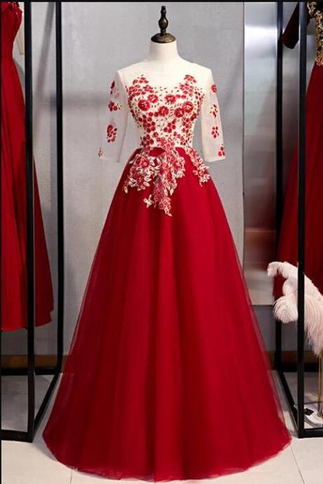 Arrivals Burgundy Tulle 3/4 Sleeves Round Neck Lace Up Prom Dress With Applique