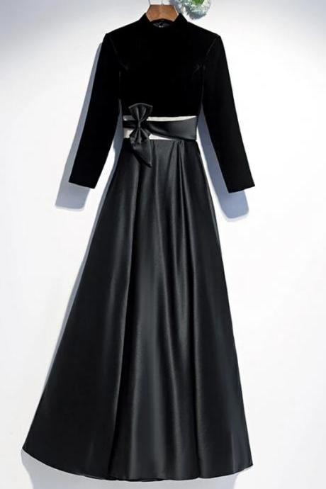 Black Satin Velvet Long Sleeve O Neck Prom Dress, Evening Dress With Bow