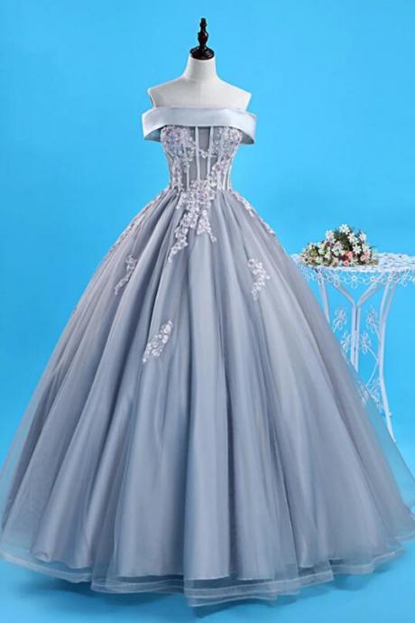 Unique Gray Tulle Lace Up Floor Length Senior Prom Dress, Evening Dress With Applique
