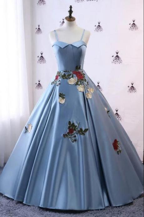 Blue Satin 2019 Modest Spaghetti Straps Lace Applique Pageant Prom Dress