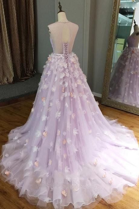 Lavender tulle v neck long 3D flower lace long evening dress