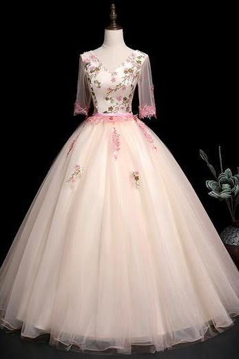 Unique pink tulle v neck long lace applique evening dress with mid sleeve