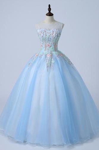 Ice Blue Tulle Embroidery Long Custom Made Evening Dress, Formal Dress 
