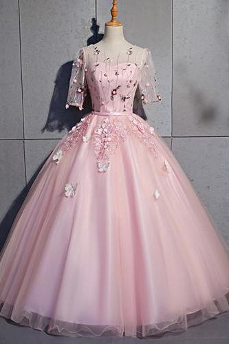 Pink Tulle Mid Sleeve Embroidery Lace Sweet 16 Prom Dress, Quinceanera Dress 