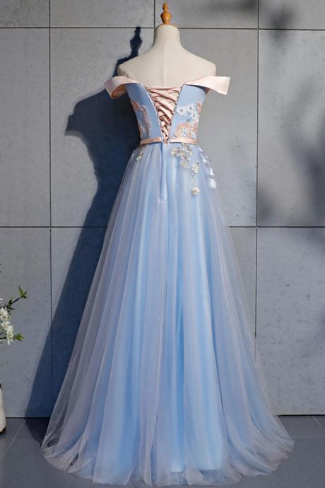 Blue Tulle Strapless Custom Size Long A Line Prom Dress With Applique
