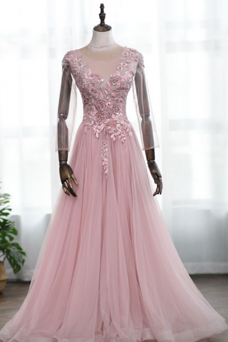 Pink Tulle Embroidery Beaded Long Sleeve Formal Prom Dress, Evening Dress