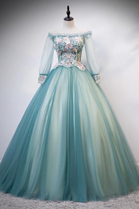 Pretty Green Tulle Long Dress, Green A Line Customize Strapless Evening Gown With Sleeves