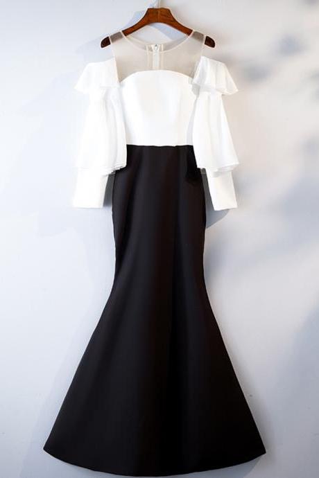 Black And White Satin Long Mermaid Vintage Prom Dress With Sleeve