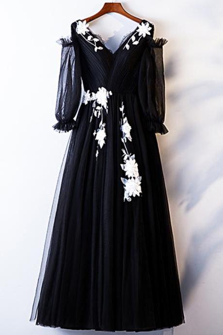 Black Tulle Mid Sleeve V Neck Long Prom Dress, Occasion Dress With Applique
