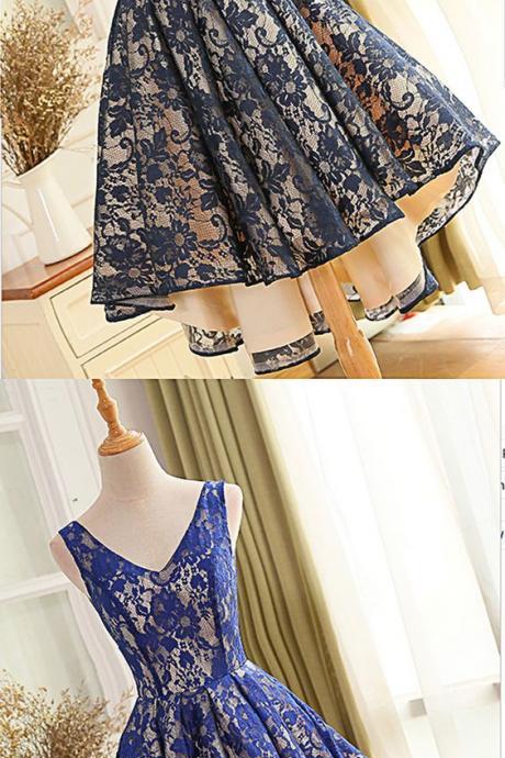 Simple Lace V Neck High Low Prom Dress, Homecoming Dress