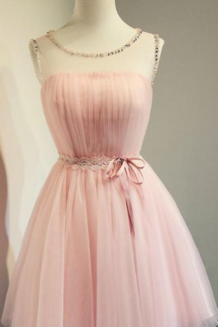Blush Pink Short Beading Prom Dresses,a-line Cap Sleeves Homecoming Dress