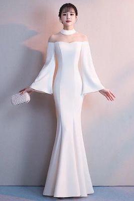 White Mermaid Prom Dress,long Sleeve Satin Prom Dresses,high Neck Formal Evening Gowns