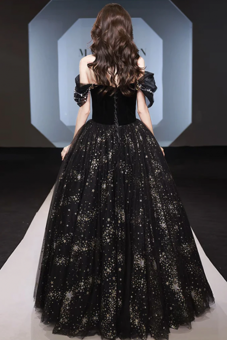 A Line Off Shoulder Tulle Lace Black Ball Gown Party Dress Banquet Gown