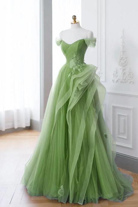 Elegant Off Shoulder Sweetheart Neck Green A Line Off Shoulder Long Ball Gown, Green Lace Long Evening Gown