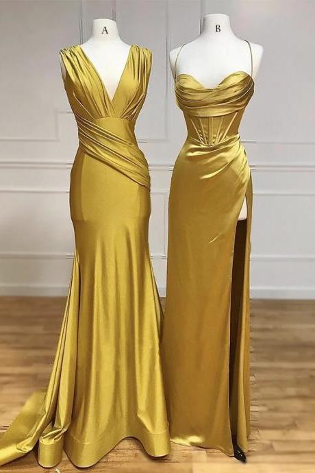 Simple Satin Gold Long Prom Dress, Gold Satin Long Formal Dress, Gold Bud Evening Dress