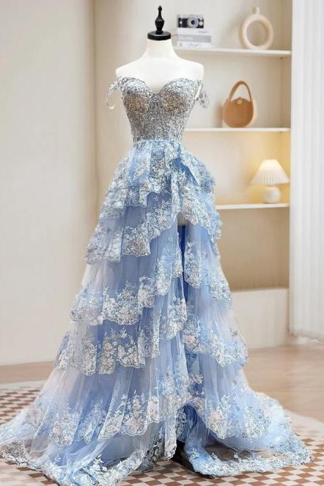 A-line Tulle Sequin Blue Long Prom Dress, Blue Sequin Long Formal Dress Long Prom Dress Party Dress Banquet Formal Occasion Dress
