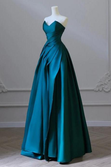 A-line Strapless Satin Peacock Blue Long Prom Dress, Simple Peacock Blue Evening Dress Prom Dress Party Dress Banquet Formal Occasion Dress