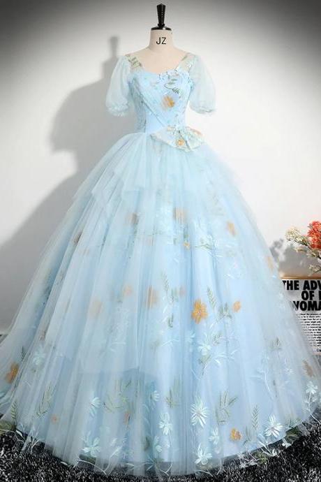 Prom Dress Evening Dress A-line V Neck Tulle Lace Blue Long Prom Dress, Blue Lace Long Formal Dress Party Dress Banquet Formal Occasion Dress
