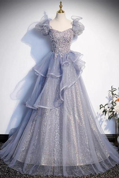 Prom Dress Evening Dress Party Dress A-line Sweetheart Neck Tulle Sequin Gray Blue Long Prom Dress, Gray Blue Long Formal Dress Banquet Special