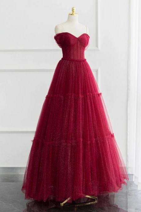 Prom Dress A-line Off Shoulder Tulle Shiny Burgundy Long Prom Dress, Burgundy Long Formal Dress Evening Dress Party Dress Banquet Special