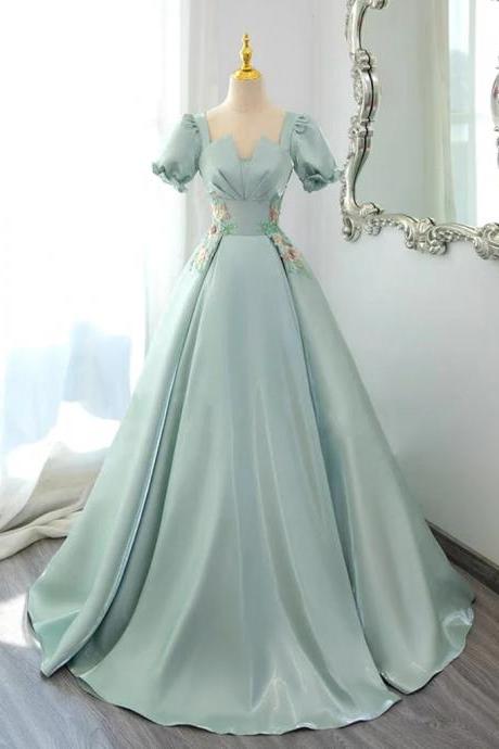 Shiny Water Satin A-line Lace Applique Long Prom Dress, Green Long Formal Dress Evening Dress Party Dress Banquet